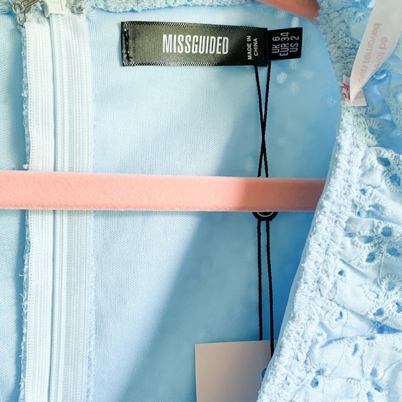 NWT Missguided Frill Neck Cut Out Broderie Mini Dress light blue eyelet - Picture 3 of 4